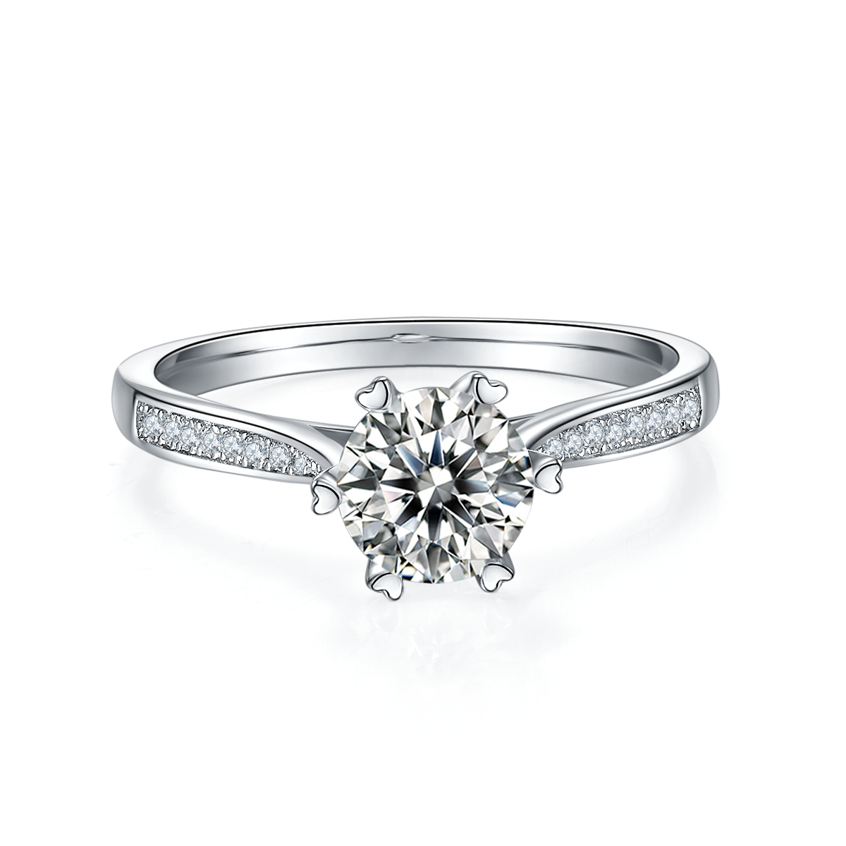 CARISSIE round moissanite solitaire ring, front view showing brilliant center stone in silver-tone prong setting