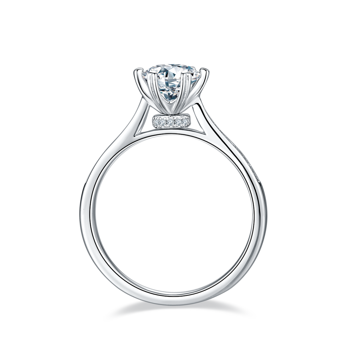 CARISSIE round moissanite solitaire ring, side profile revealing high-profile basket setting and smooth polished band interior