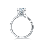 CARISSIE round moissanite solitaire ring, side profile revealing high-profile basket setting and smooth polished band interior