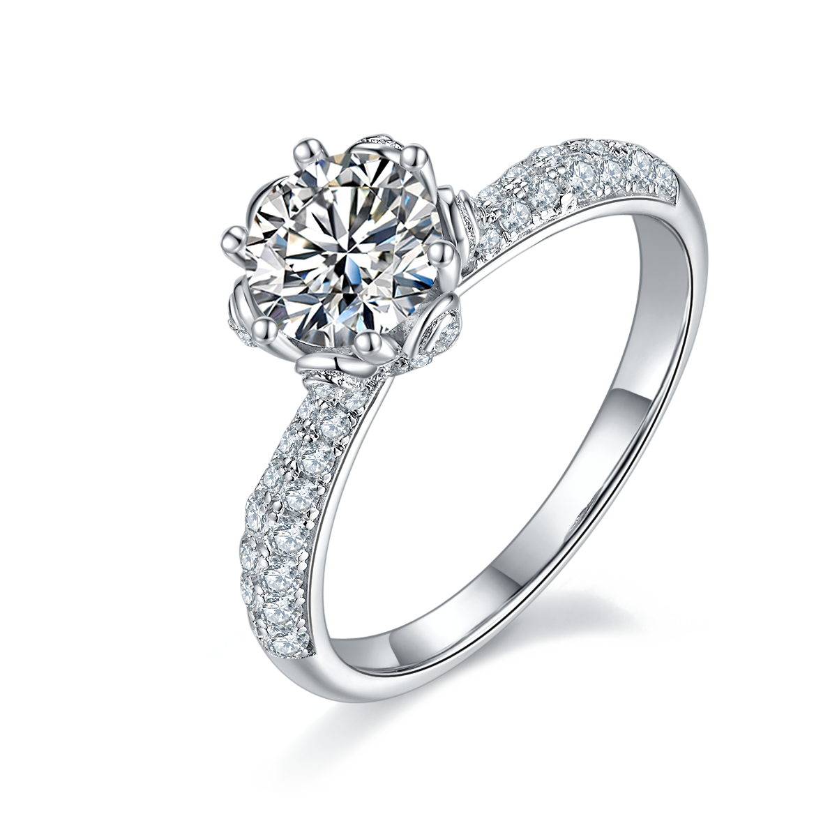 CARISSIE round moissanite solitaire ring, angled view showing floral prongs and pavé band details