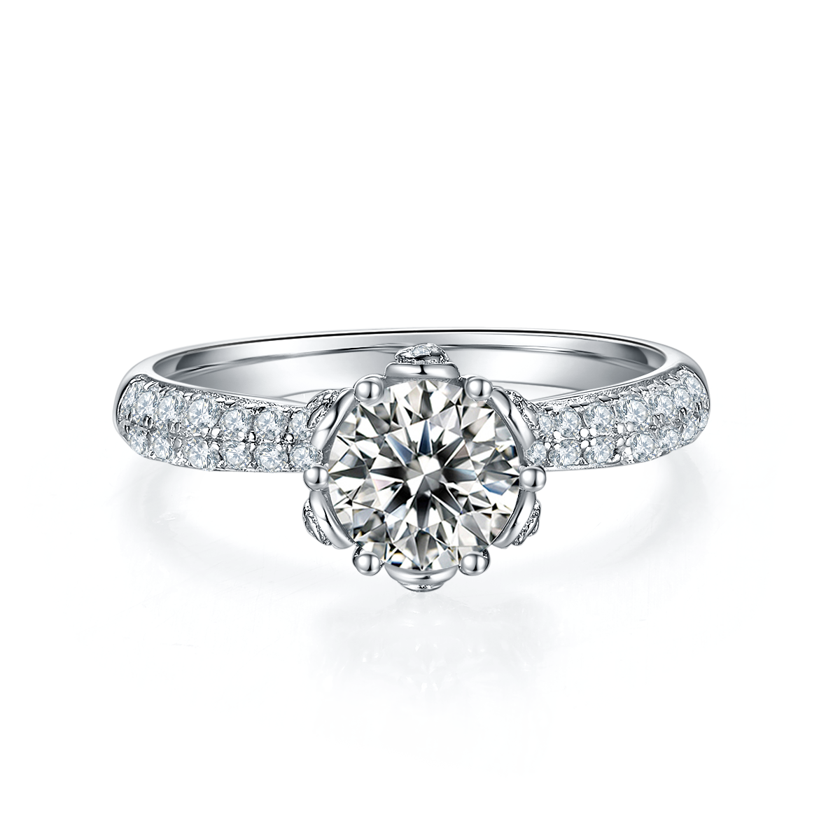CARISSIE round moissanite solitaire ring, front view displaying the brilliant center stone and crown setting