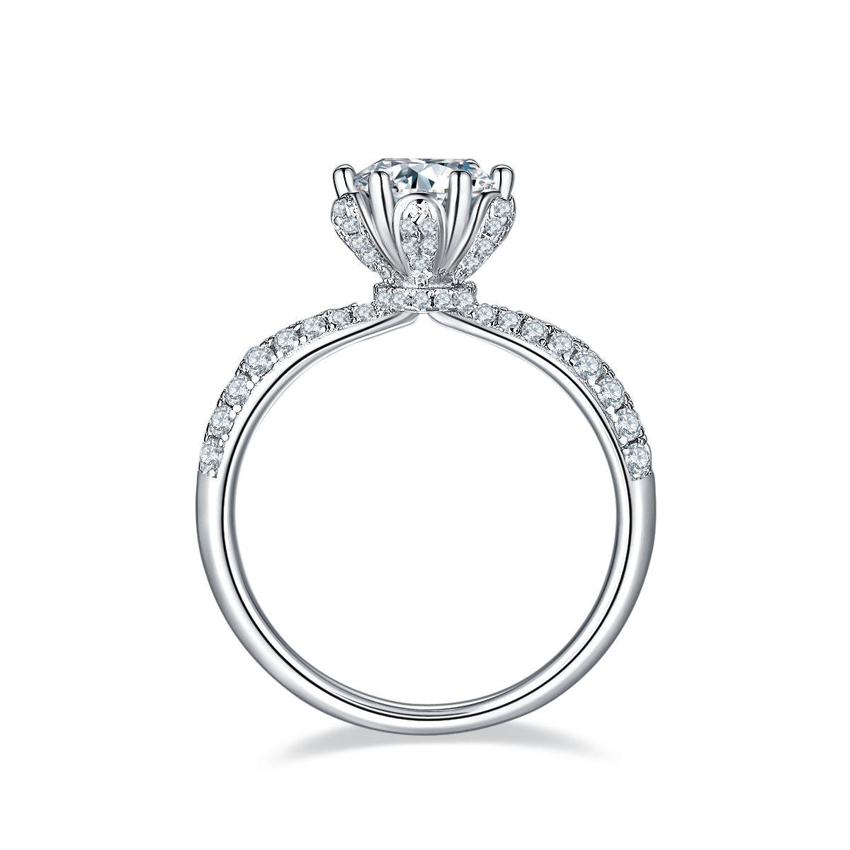 CARISSIE round moissanite solitaire ring, top-down view highlighting the flower-shaped basket and inner shank