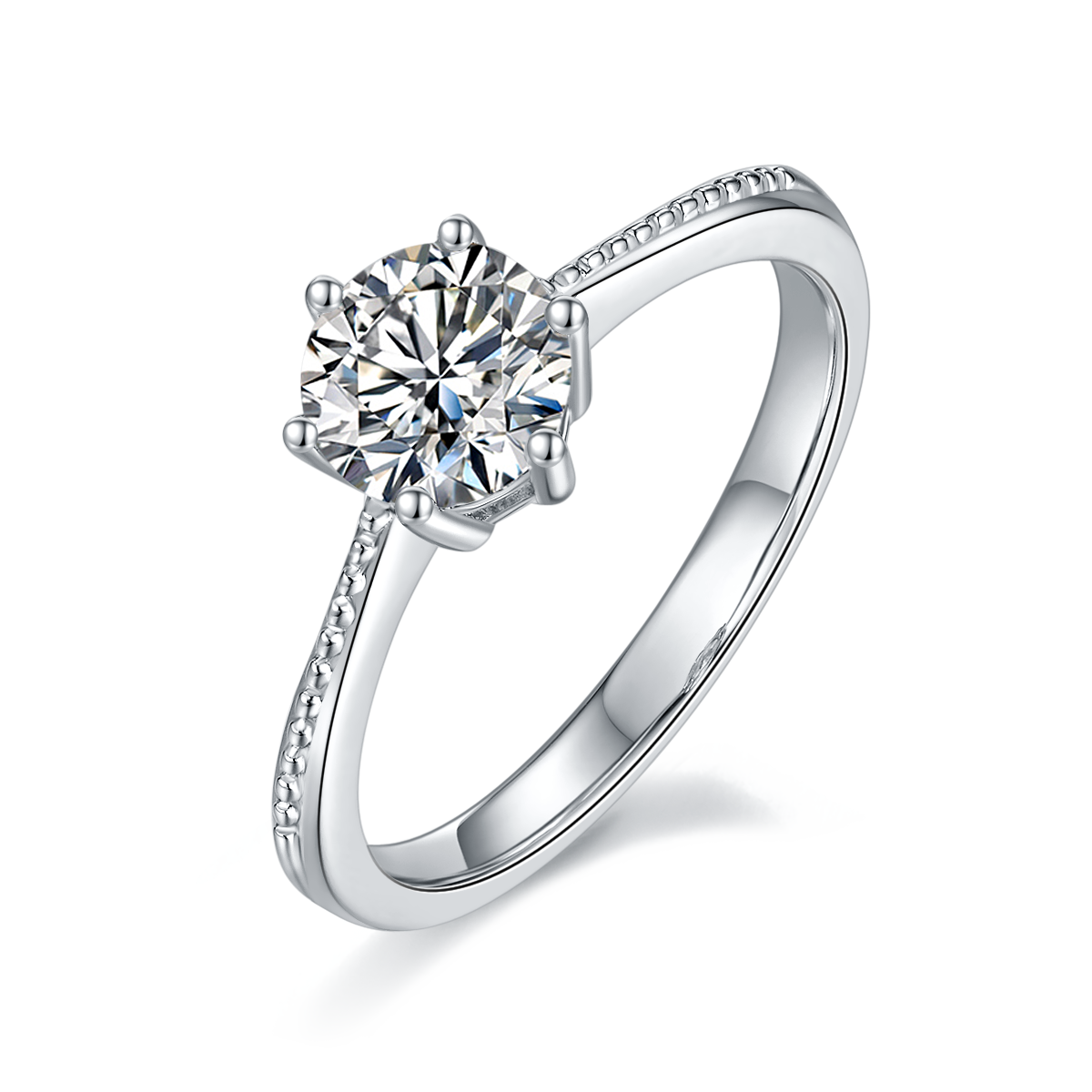 CARISSIE round moissanite solitaire ring, angled view highlighting beaded band texture and six-prong setting