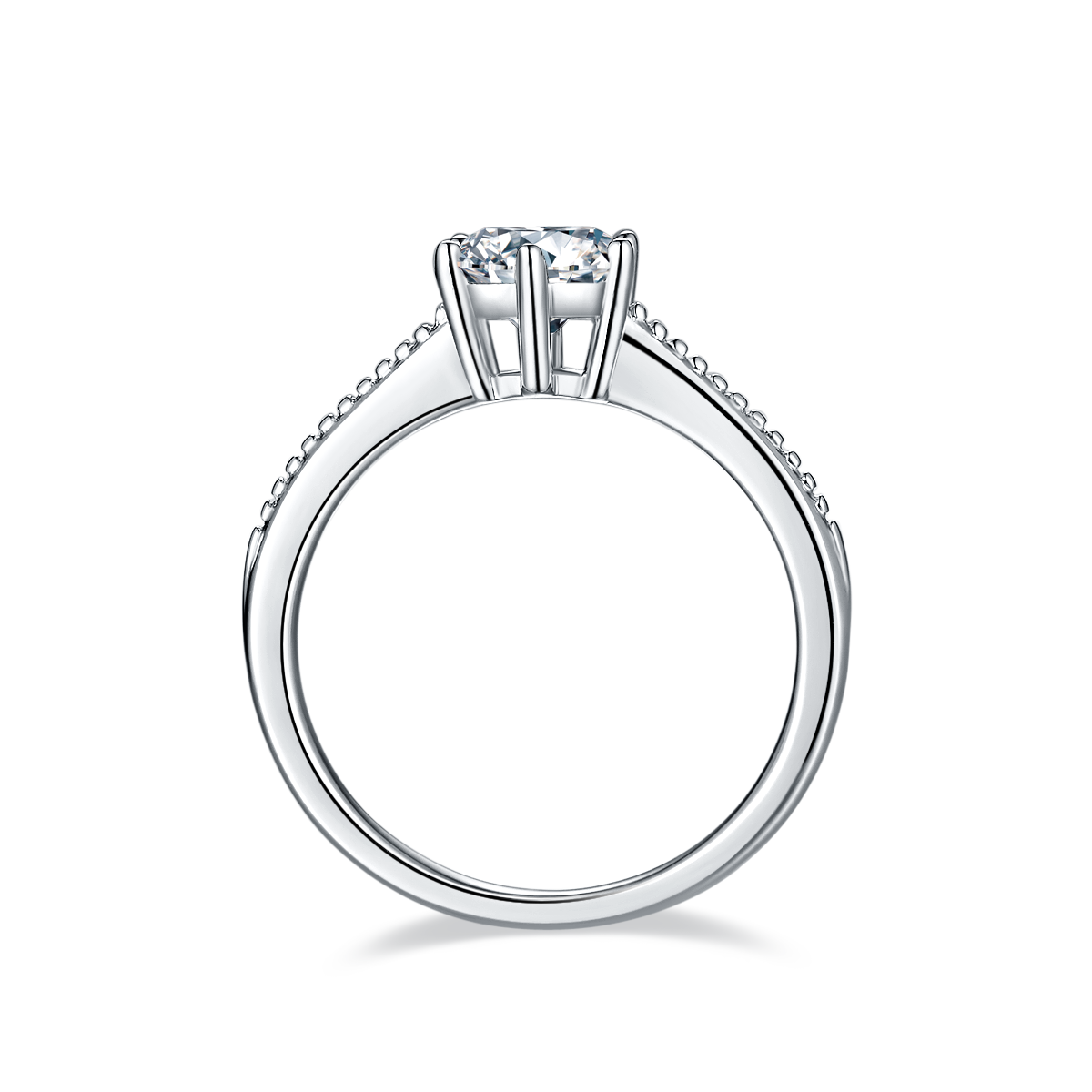 CARISSIE round moissanite solitaire ring, side profile displaying the gallery rail and high-polish metal finish