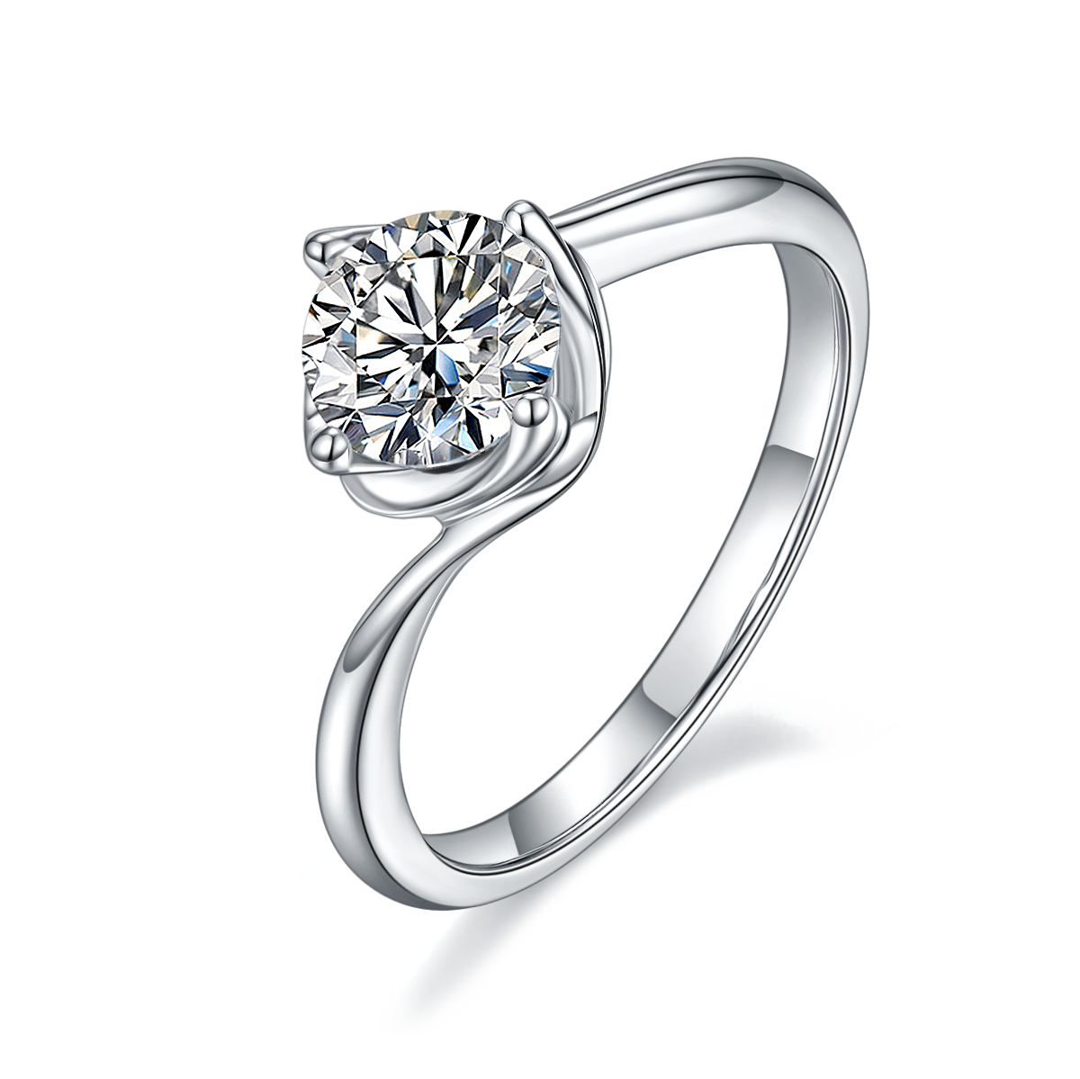 CARISSIE round moissanite solitaire ring, angled view showing twisted shank and brilliant center stone in four-prong setting