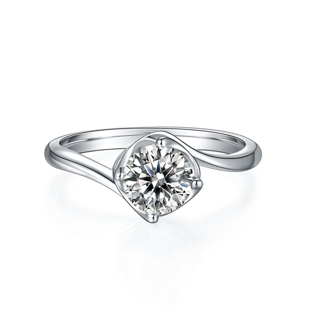 CARISSIE round moissanite solitaire ring, front view displaying curved silver-tone band and sparkling center gemstone