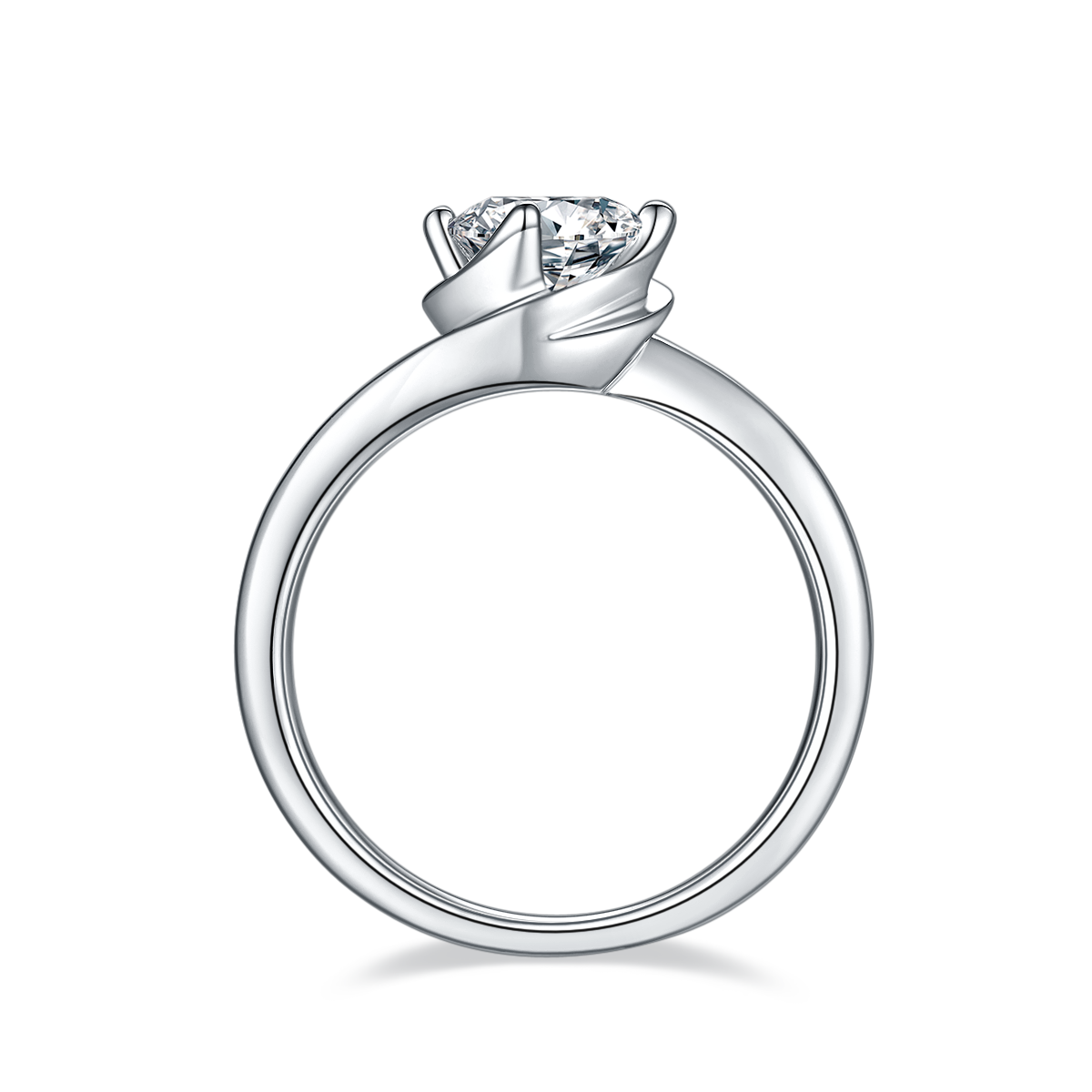 CARISSIE round moissanite solitaire ring, bottom profile view revealing smooth interior of the polished silver metal band
