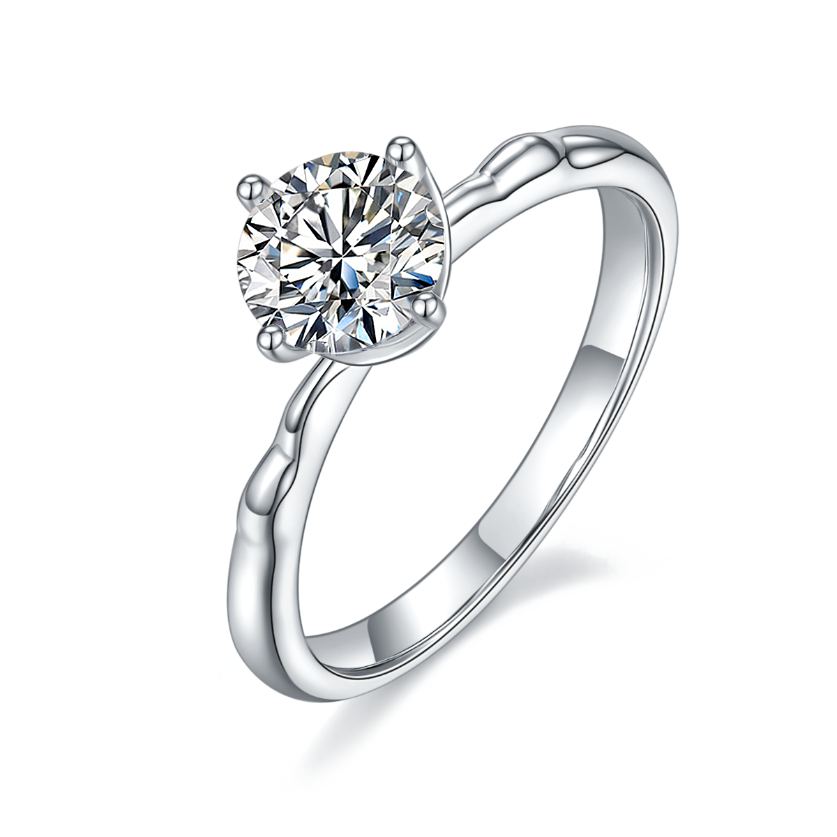 CARISSIE round moissanite solitaire ring, angled view highlighting the organic vine-like texture of the white metal band