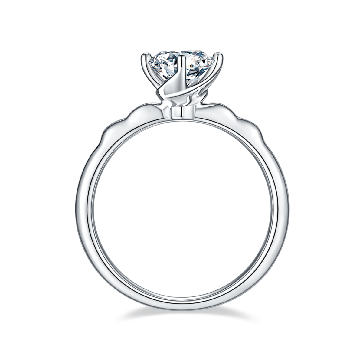 CARISSIE round moissanite solitaire ring, side profile revealing the undulating band design and smooth inner shank