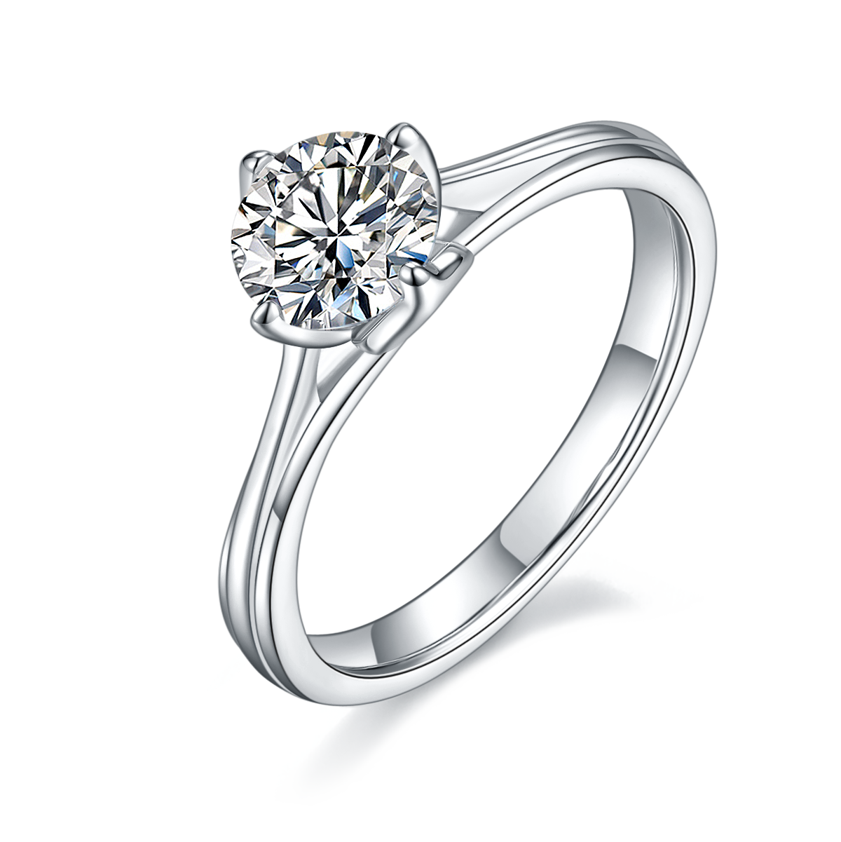 CARISSIE round moissanite solitaire ring, angled view showing split shank band and brilliant center stone