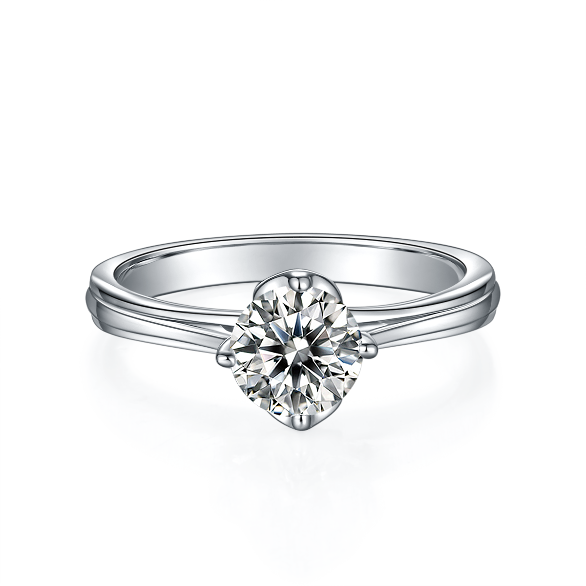 CARISSIE round moissanite solitaire ring, front view highlighting four-prong setting and high-polish silver metal