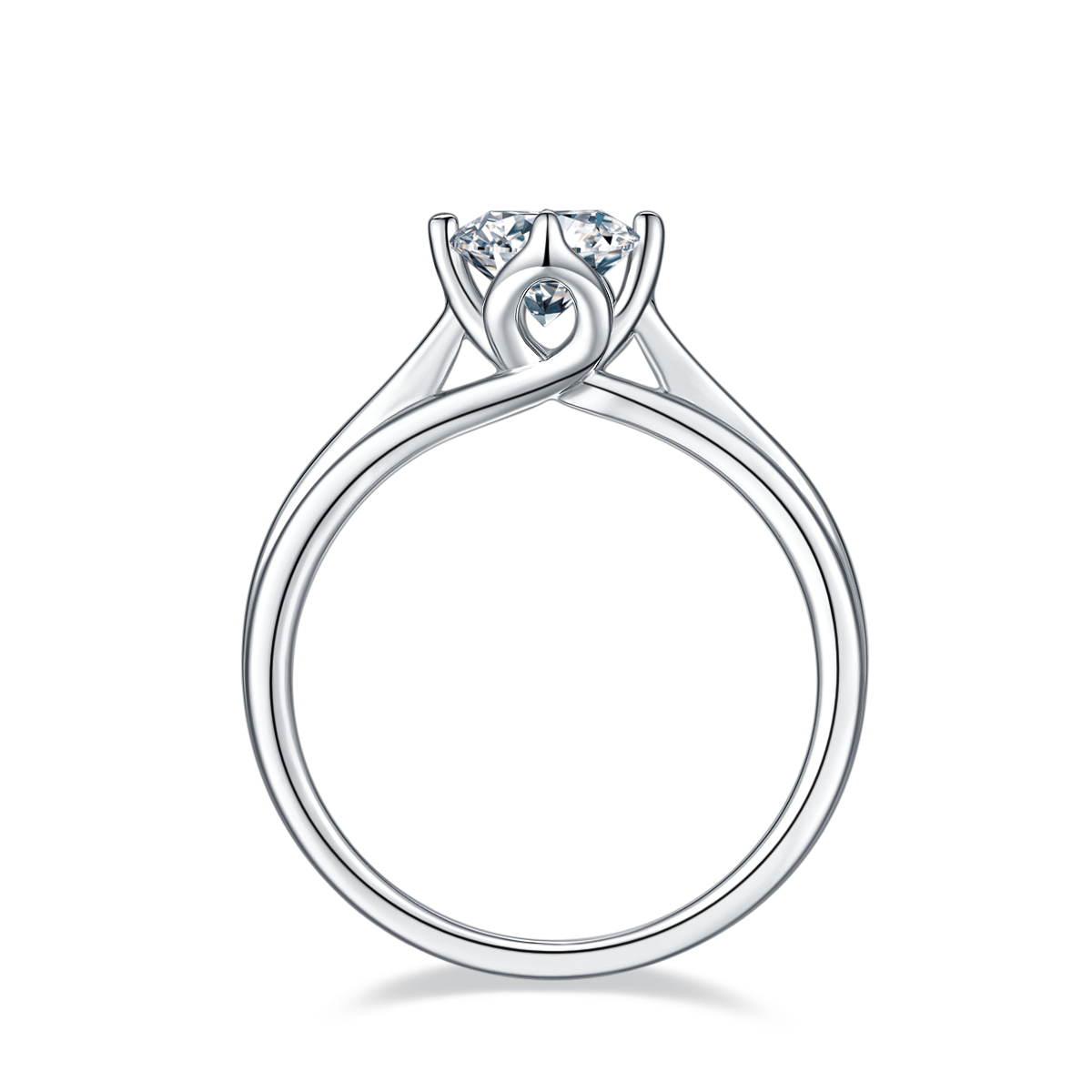 CARISSIE round moissanite solitaire ring, side profile revealing inner band structure and parallel lines