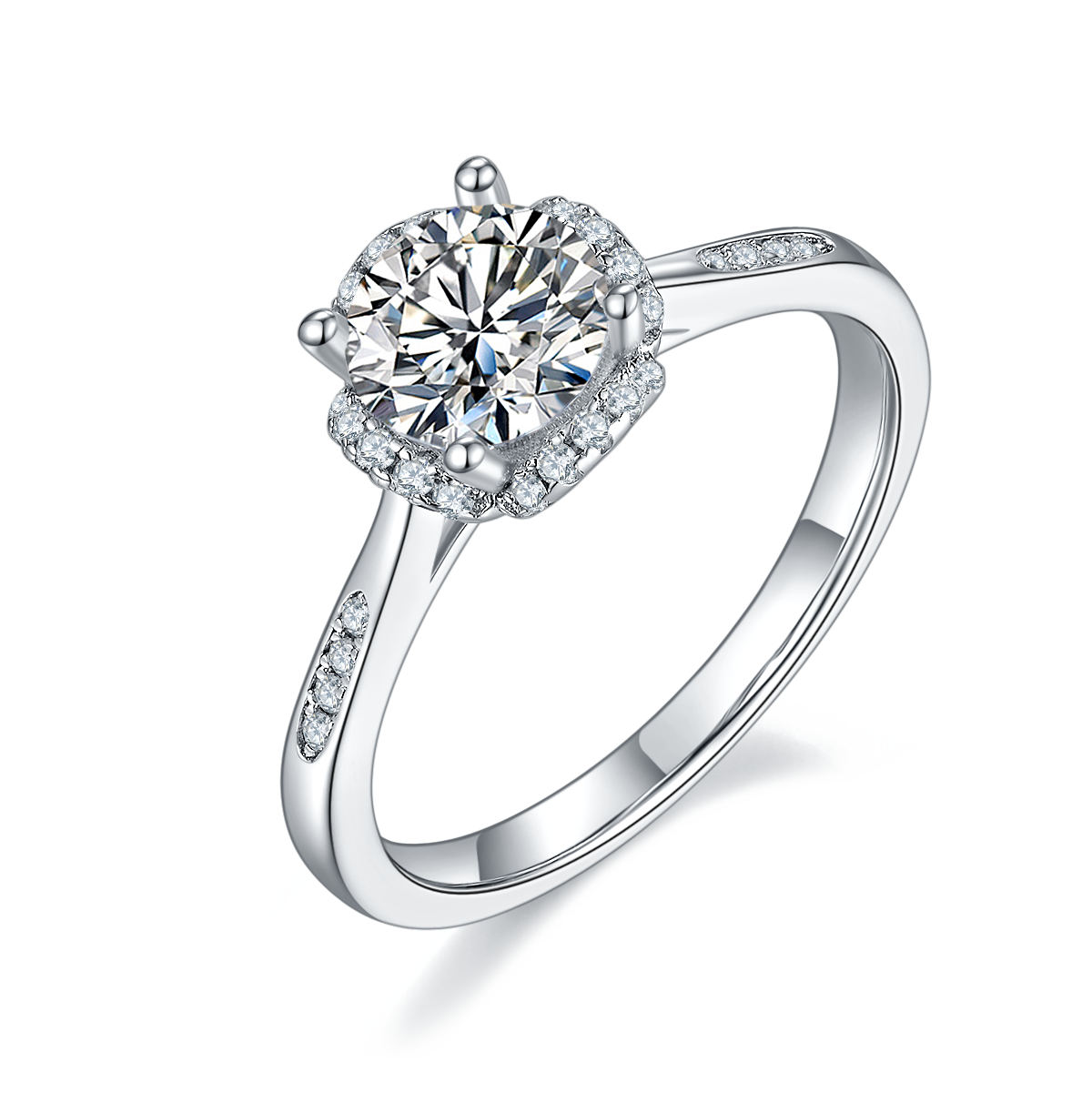 CARISSIE round moissanite halo engagement ring, angled view highlighting pavé accents on the silver-tone band shoulders