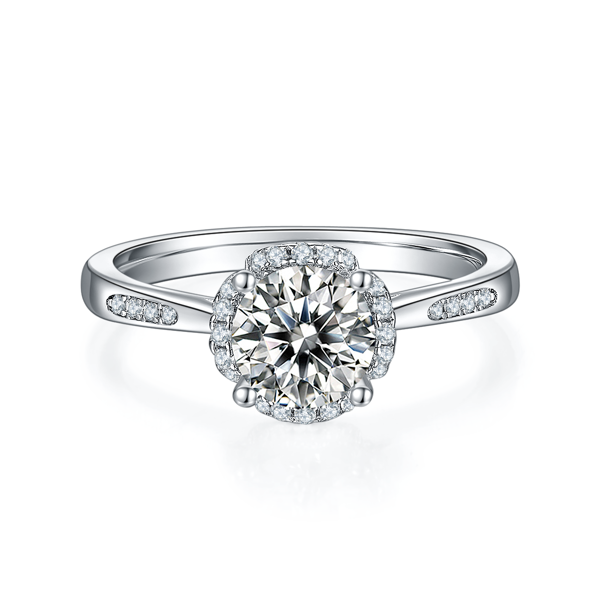 CARISSIE round moissanite halo engagement ring, top-down view showcasing the brilliant center stone and surrounding diamond halo
