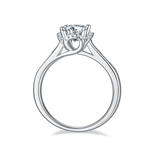 CARISSIE round moissanite halo engagement ring, side profile revealing the open gallery and smooth polished silver-tone shank