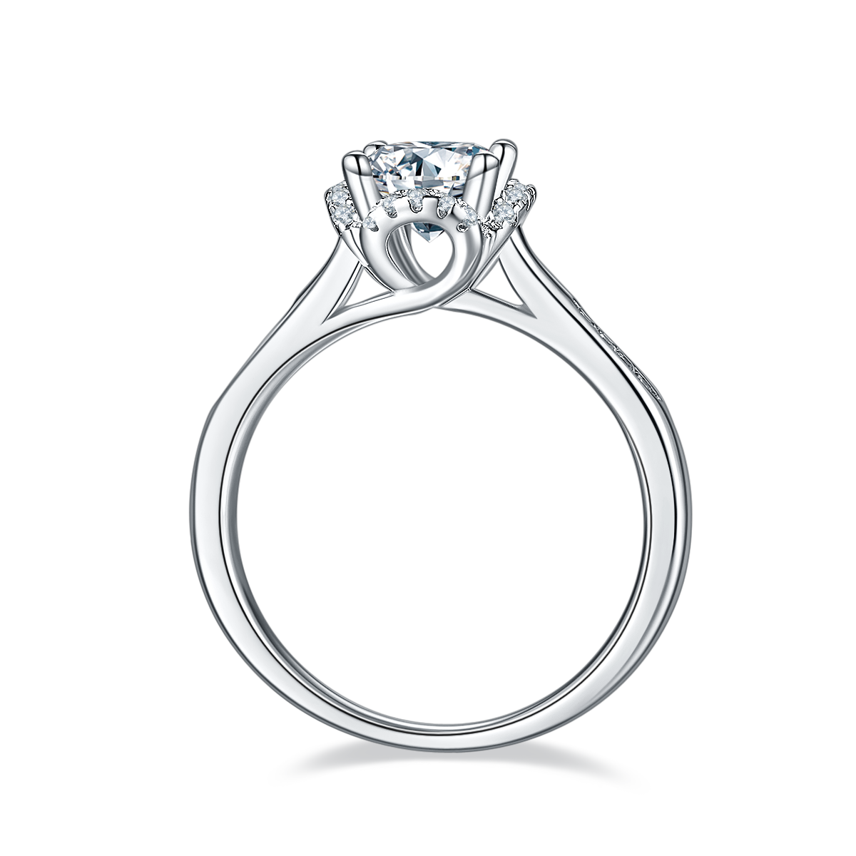 CARISSIE round moissanite halo engagement ring, side profile revealing the open gallery and smooth polished silver-tone shank