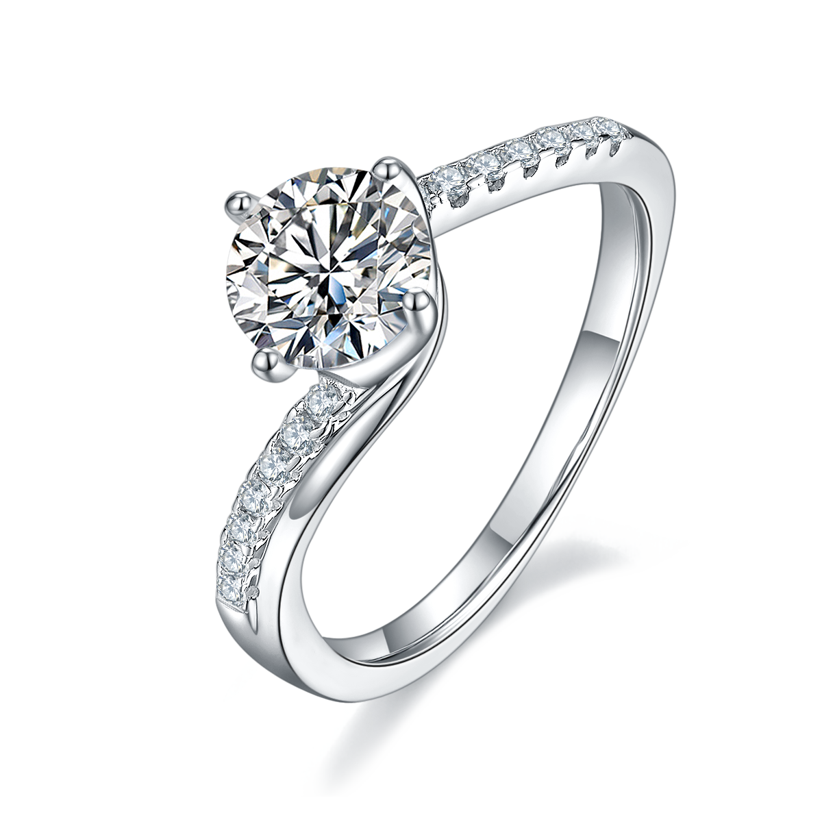 CARISSIE round moissanite solitaire ring, angled view highlighting the split shank band with pavé stones and polished silver metal