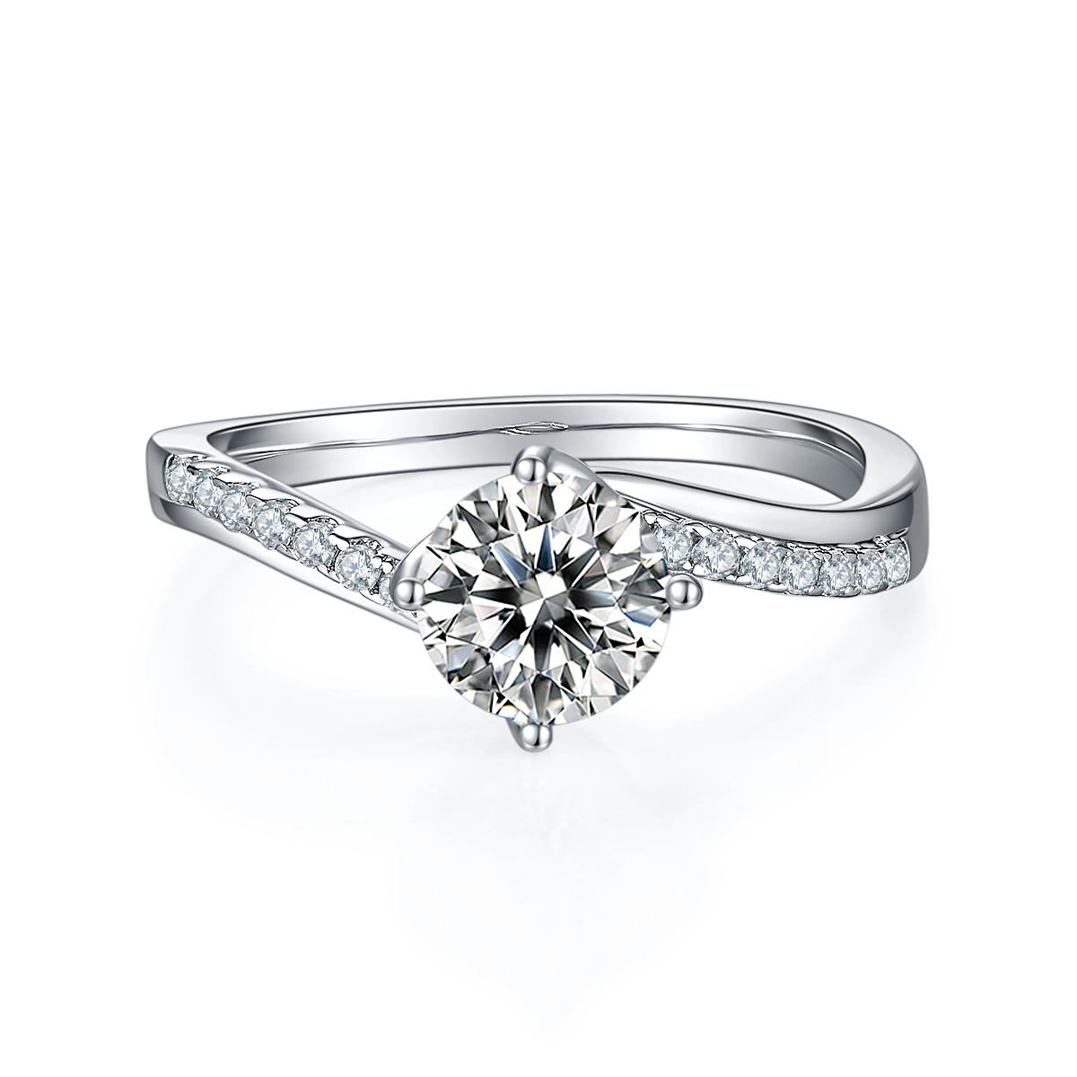 CARISSIE round moissanite solitaire ring, front view showcasing the brilliant center stone held by four prongs on a split band