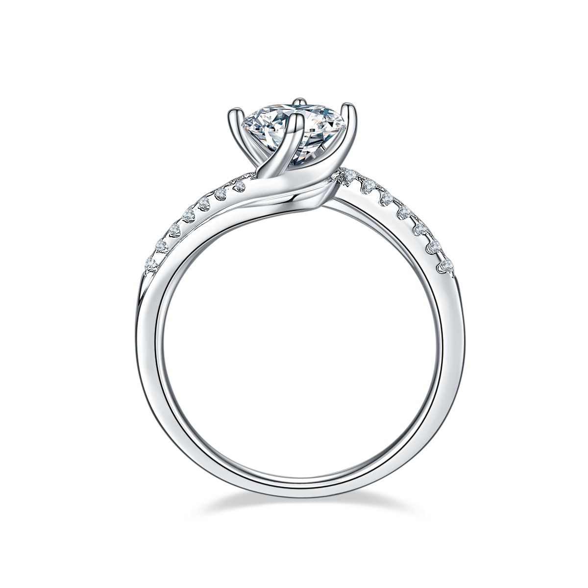 CARISSIE round moissanite solitaire ring, side profile showing the height of the setting and the row of small accent stones along the band