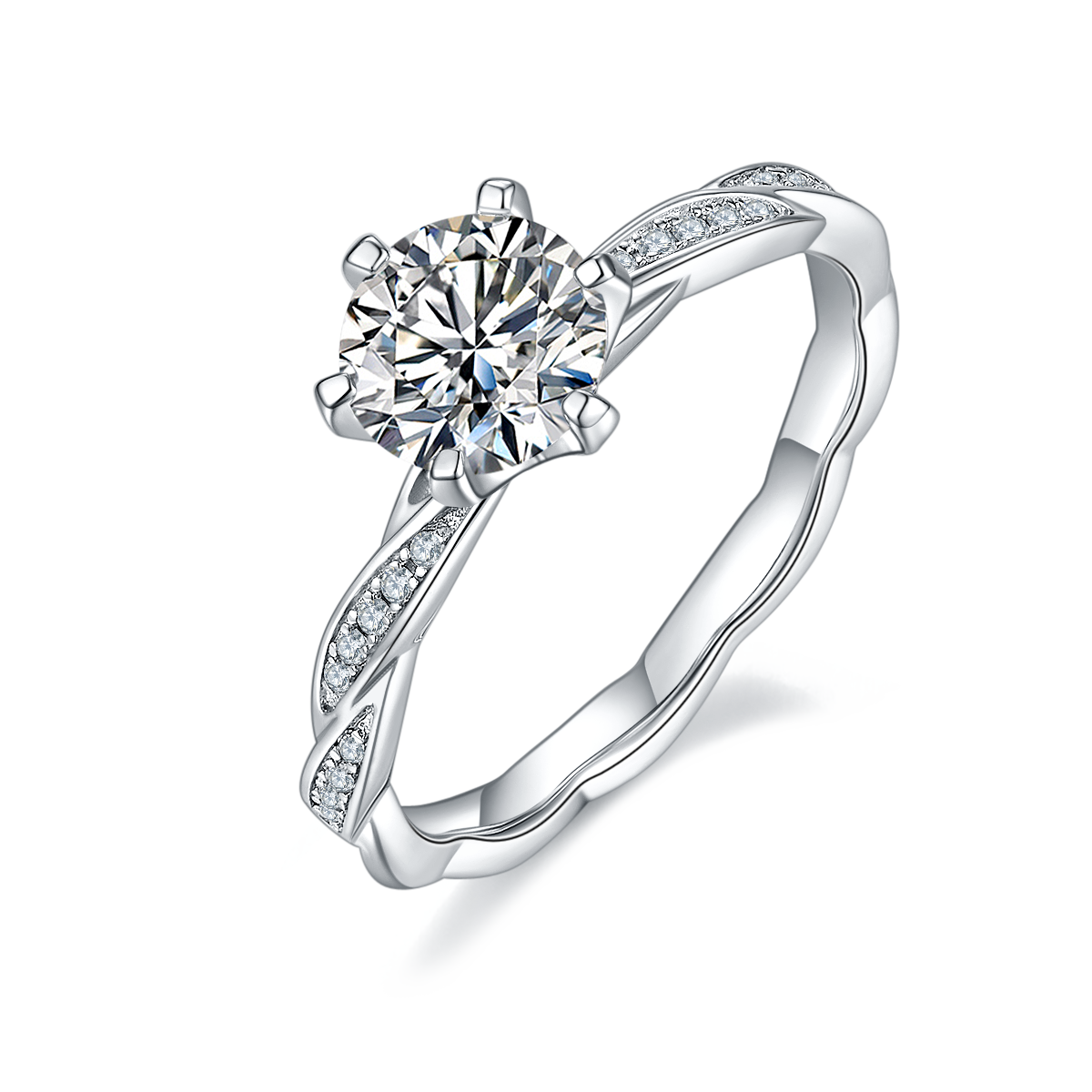 CARISSIE round moissanite solitaire ring, angled view showcasing the wavy silver band and pavé leaf accents