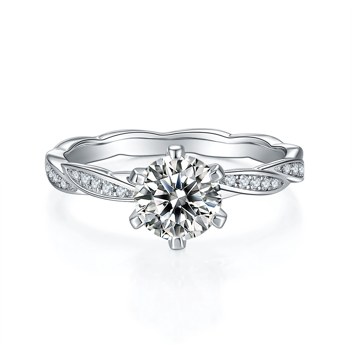 CARISSIE round moissanite solitaire ring, front view highlighting the brilliant center stone and vine-like shoulders