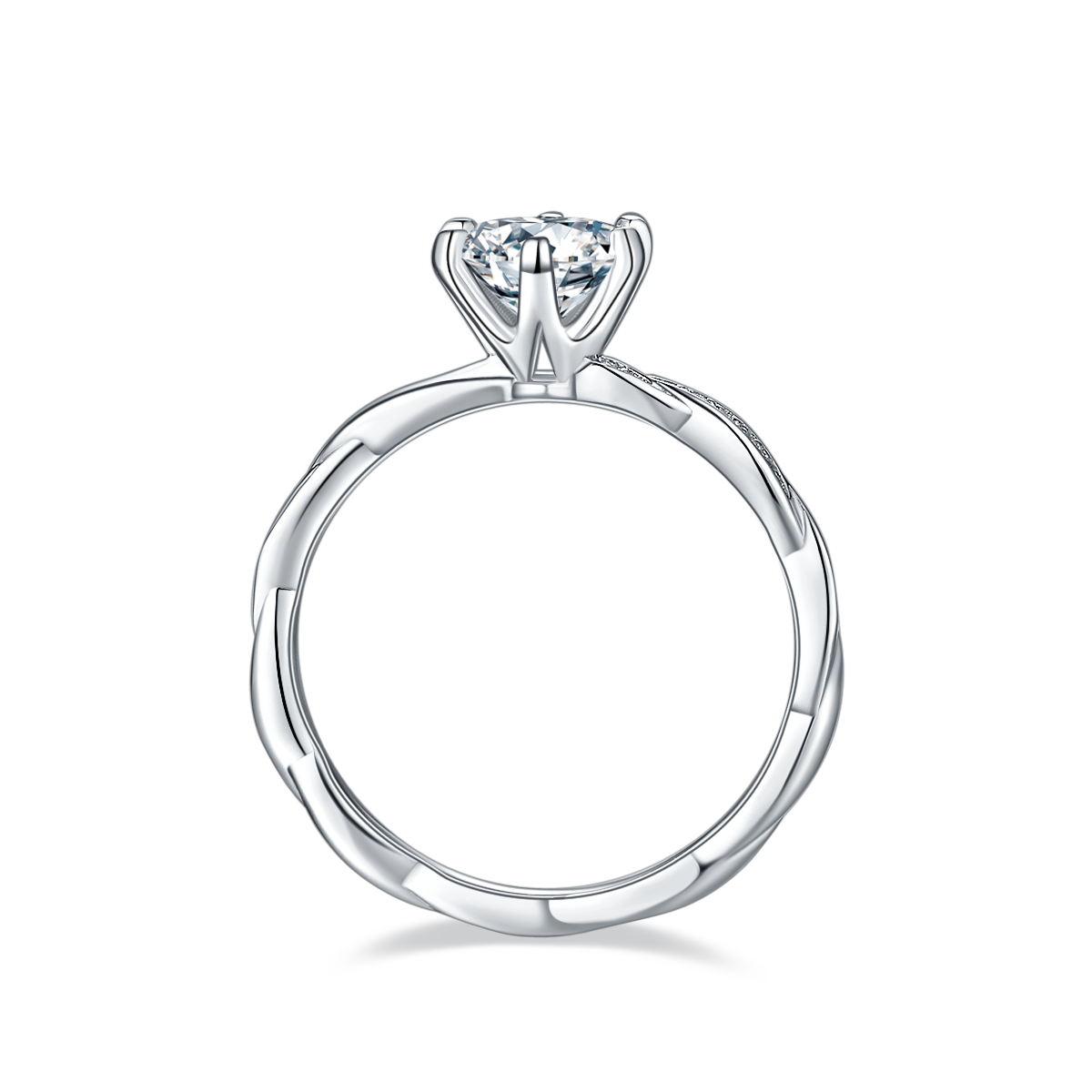 CARISSIE round moissanite solitaire ring, side profile displaying the organic undulations of the shank design