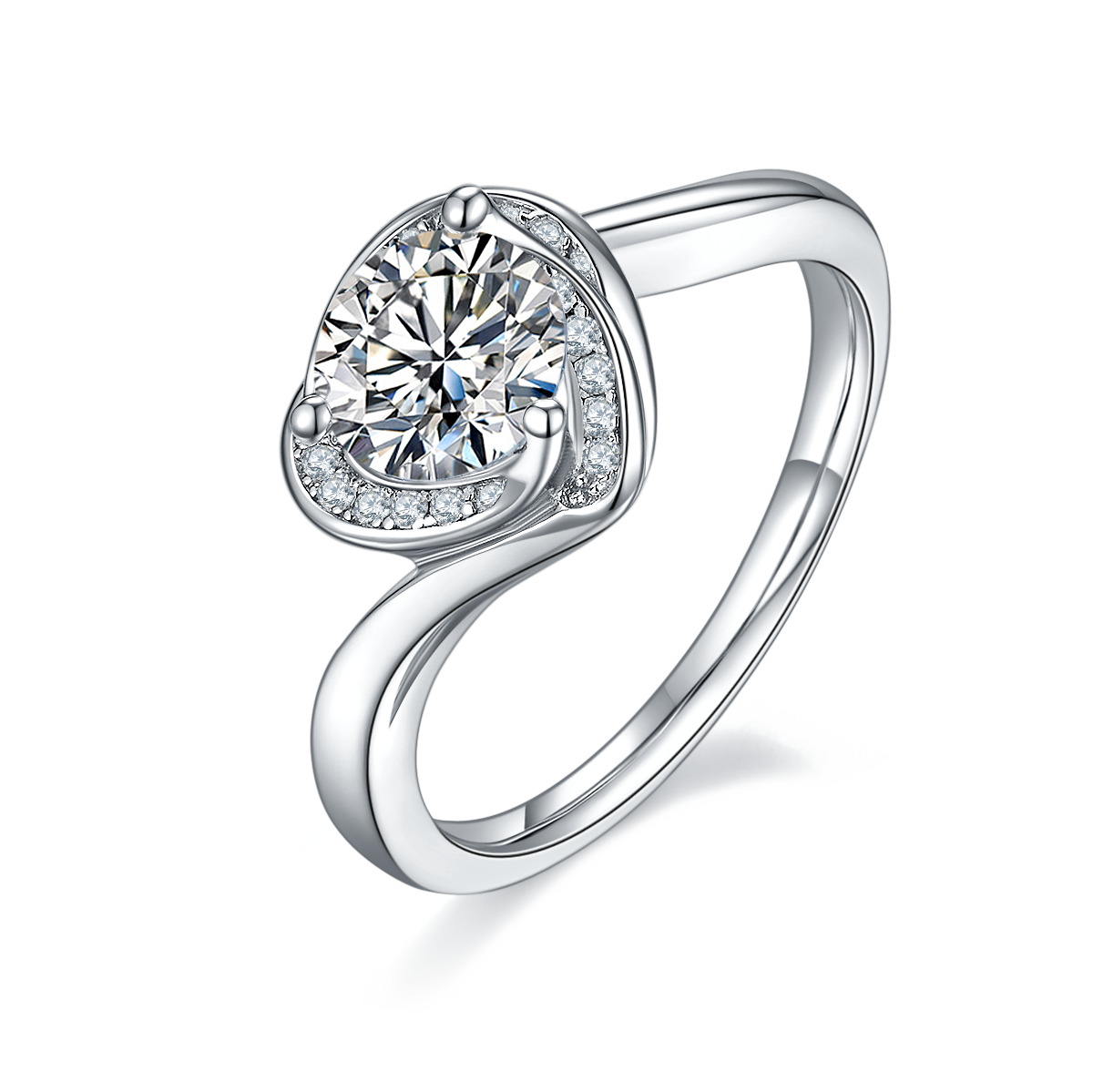 CARISSIE round moissanite engagement ring, angled view highlighting the split shank band and heart-shaped halo setting