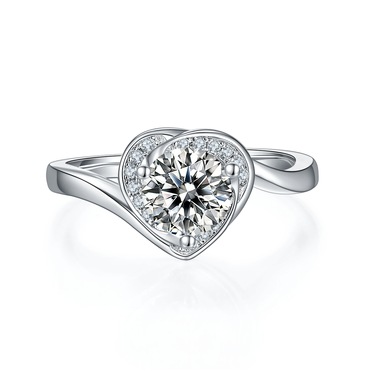 CARISSIE round moissanite engagement ring, top-down view showing the central stone surrounded by pave-set accent stones