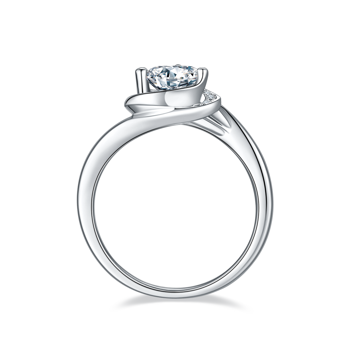 CARISSIE round moissanite engagement ring, side profile revealing the curved silver-tone band and prong height