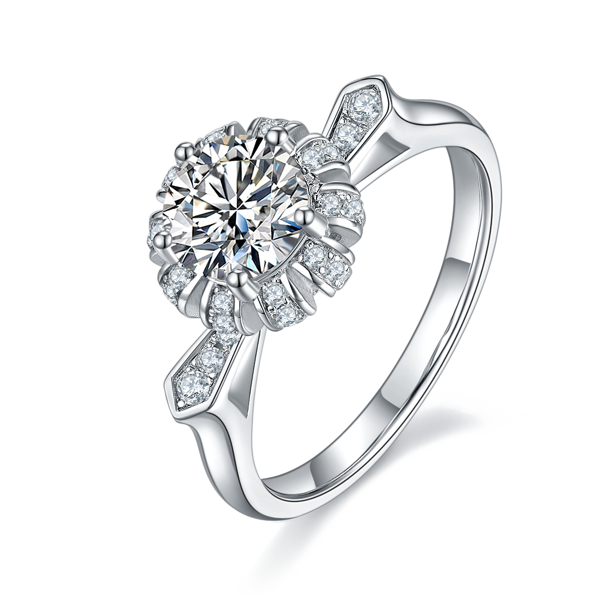 CARISSIE round moissanite halo ring, angled view highlighting the crown-inspired prongs and split-shank band details