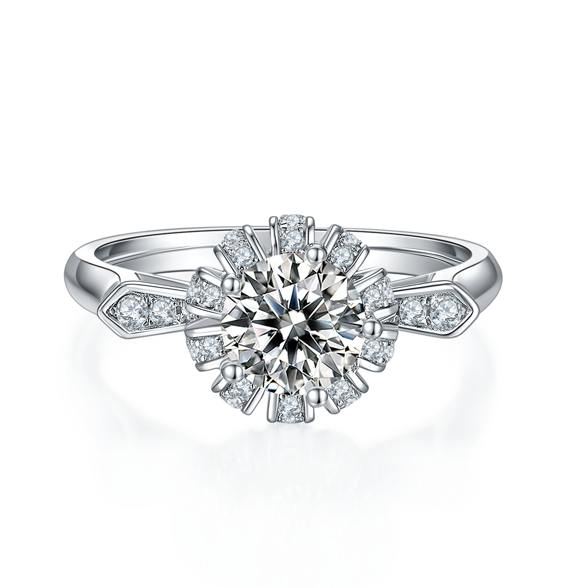CARISSIE round moissanite halo ring, top-down view showcasing the central stone surrounded by a regal diamond halo