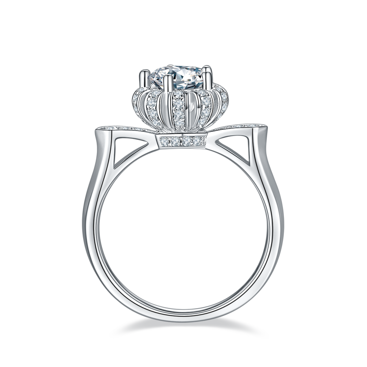 CARISSIE round moissanite halo ring, interior profile showing the smooth polished band and geometric under-gallery structure