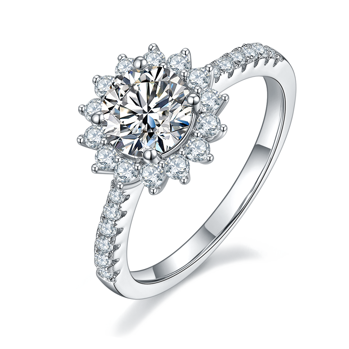CARISSIE round moissanite halo engagement ring, angled view highlighting the flower-like halo and pavé band in white metal.
