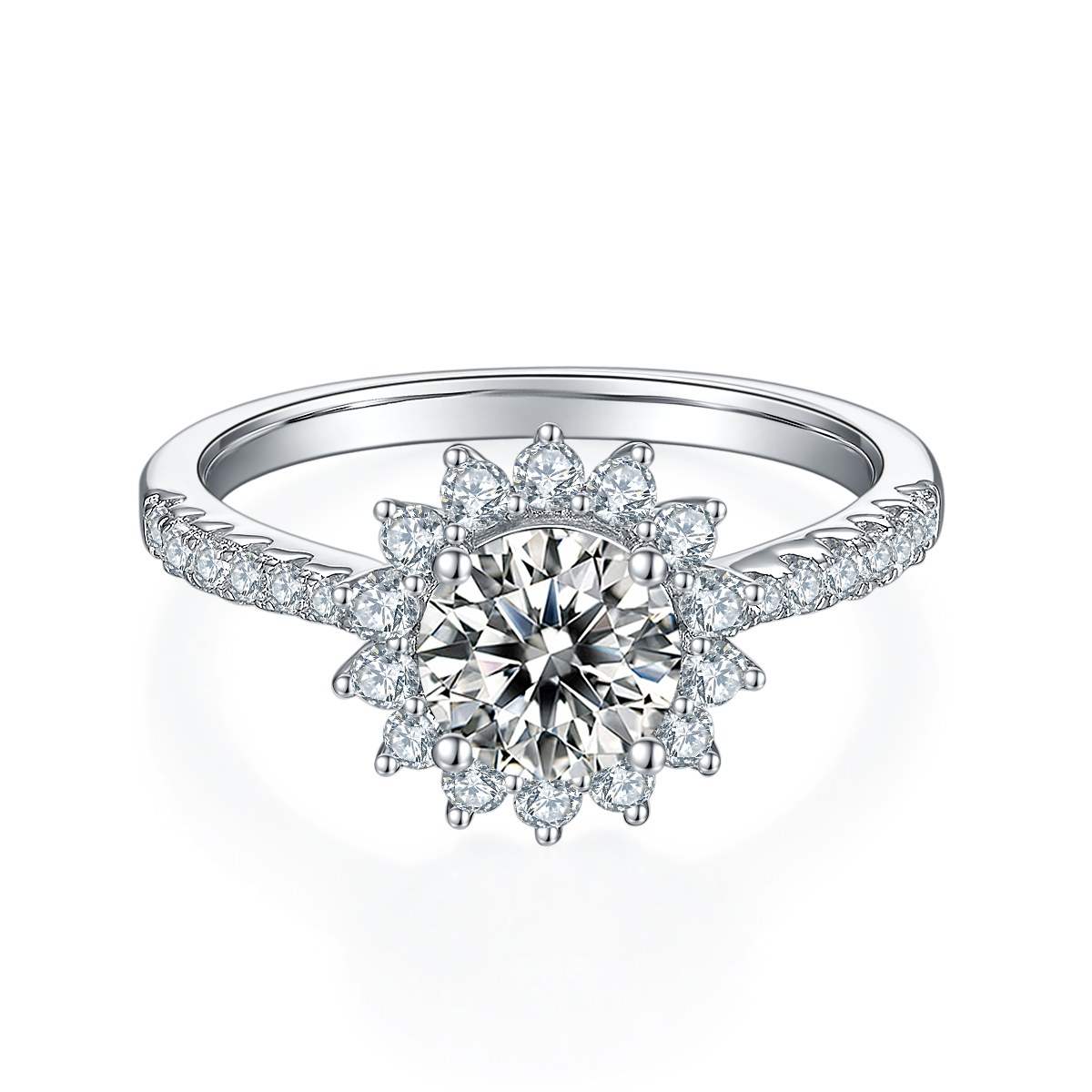 CARISSIE round moissanite halo engagement ring, direct top-down view showcasing the symmetrical halo surrounding the center stone.