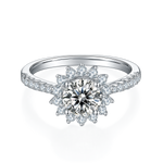 CARISSIE round moissanite halo engagement ring, direct top-down view showcasing the symmetrical halo surrounding the center stone.