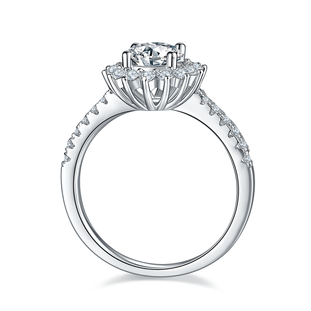 CARISSIE round moissanite halo engagement ring, side profile revealing the cathedral setting and inner gallery structure.