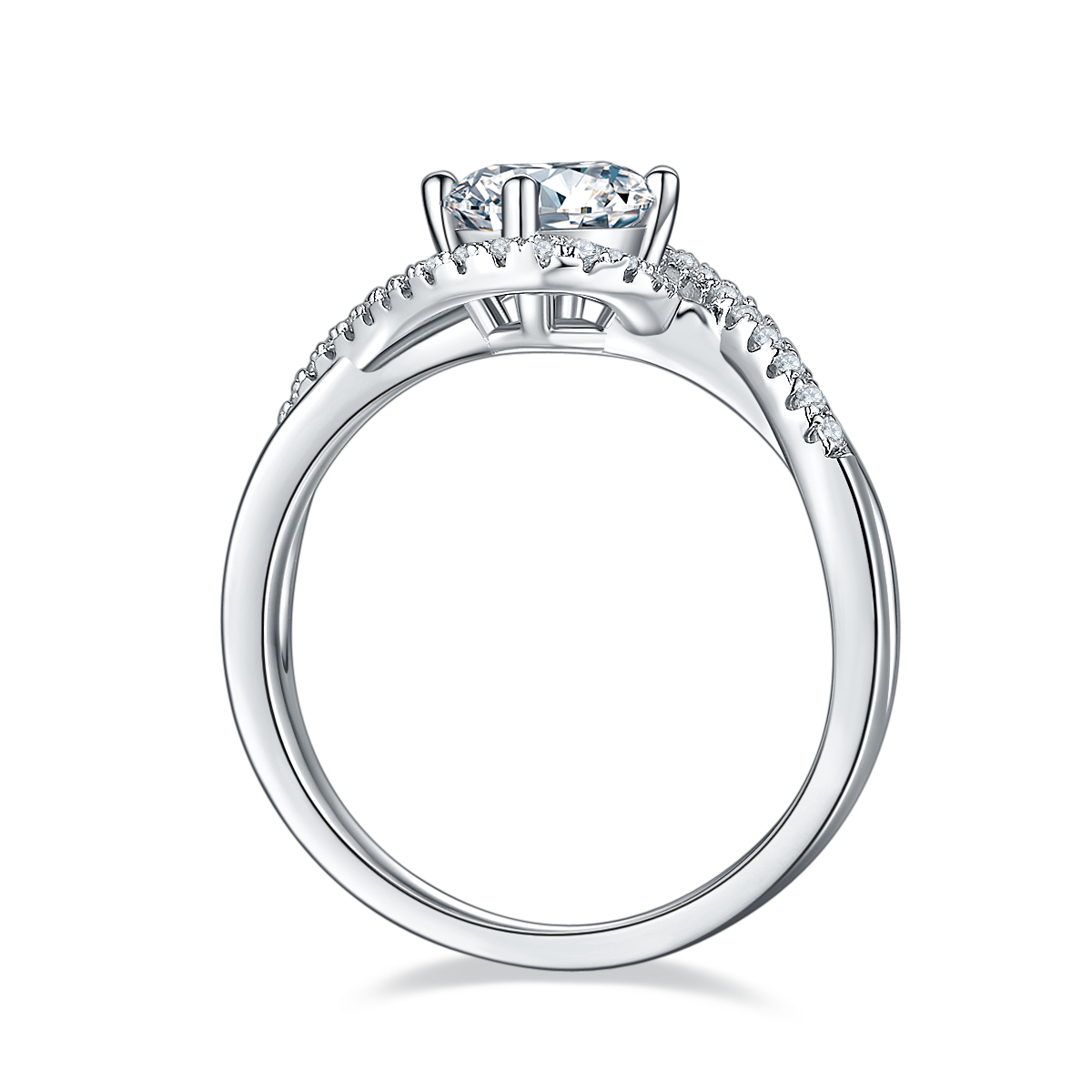 CARISSIE round moissanite solitaire ring, bottom profile showing the smooth white metal interior and prong base