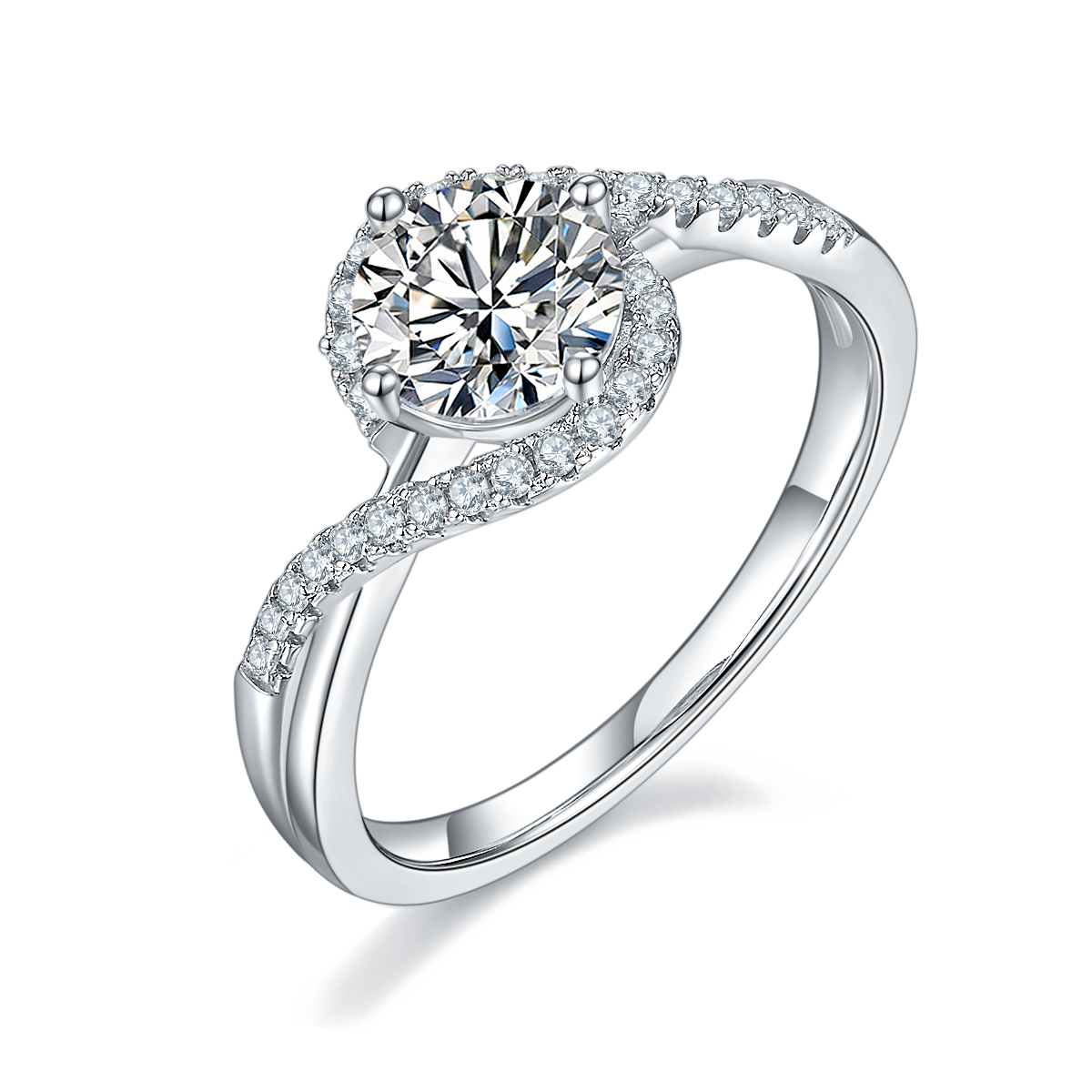 CARISSIE round moissanite solitaire ring, angled view showing bypass band with pavé stones and brilliant center stone