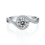 CARISSIE round moissanite solitaire ring, front view highlighting the halo setting and asymmetrical split shank design
