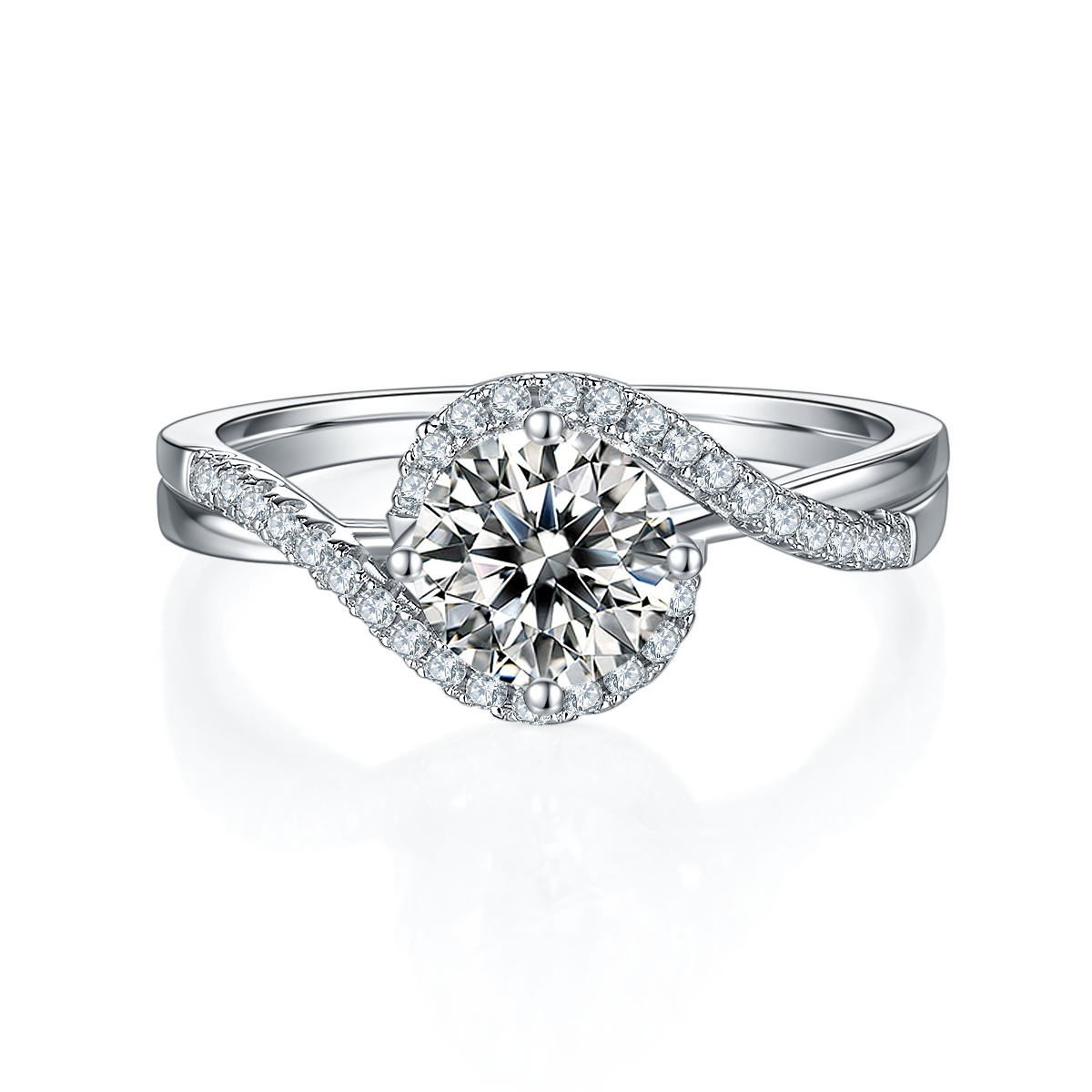 CARISSIE round moissanite solitaire ring, front view highlighting the halo setting and asymmetrical split shank design