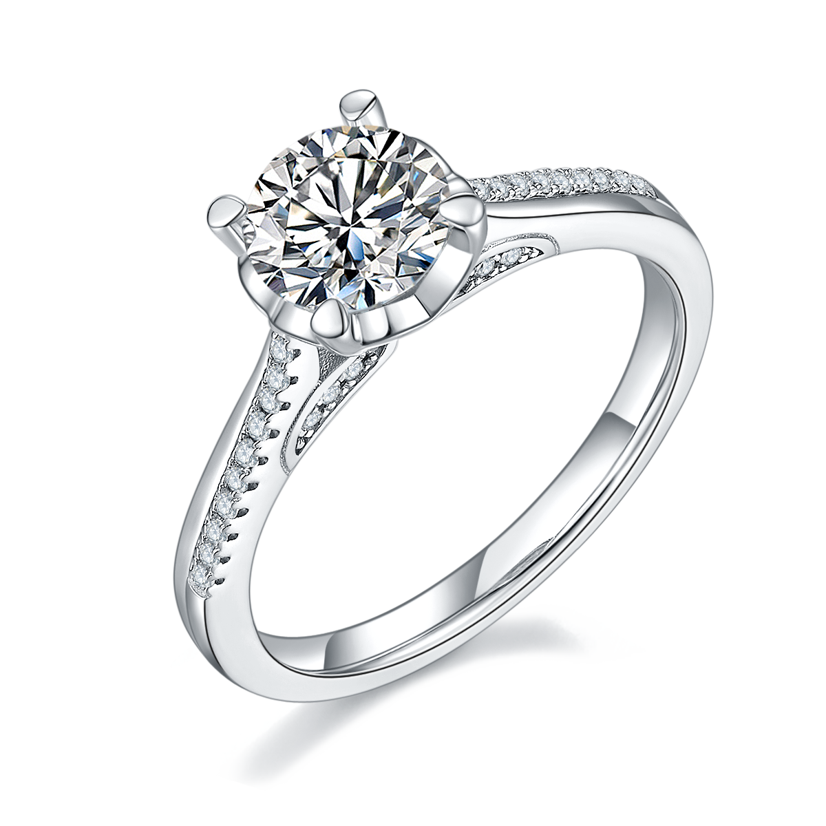 CARISSIE round moissanite solitaire ring, angled view showing split shank band with pavé accents and brilliant center stone