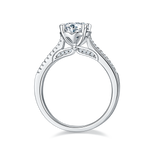 CARISSIE round moissanite solitaire ring, side profile revealing the inner gallery structure and under-gallery accent stones