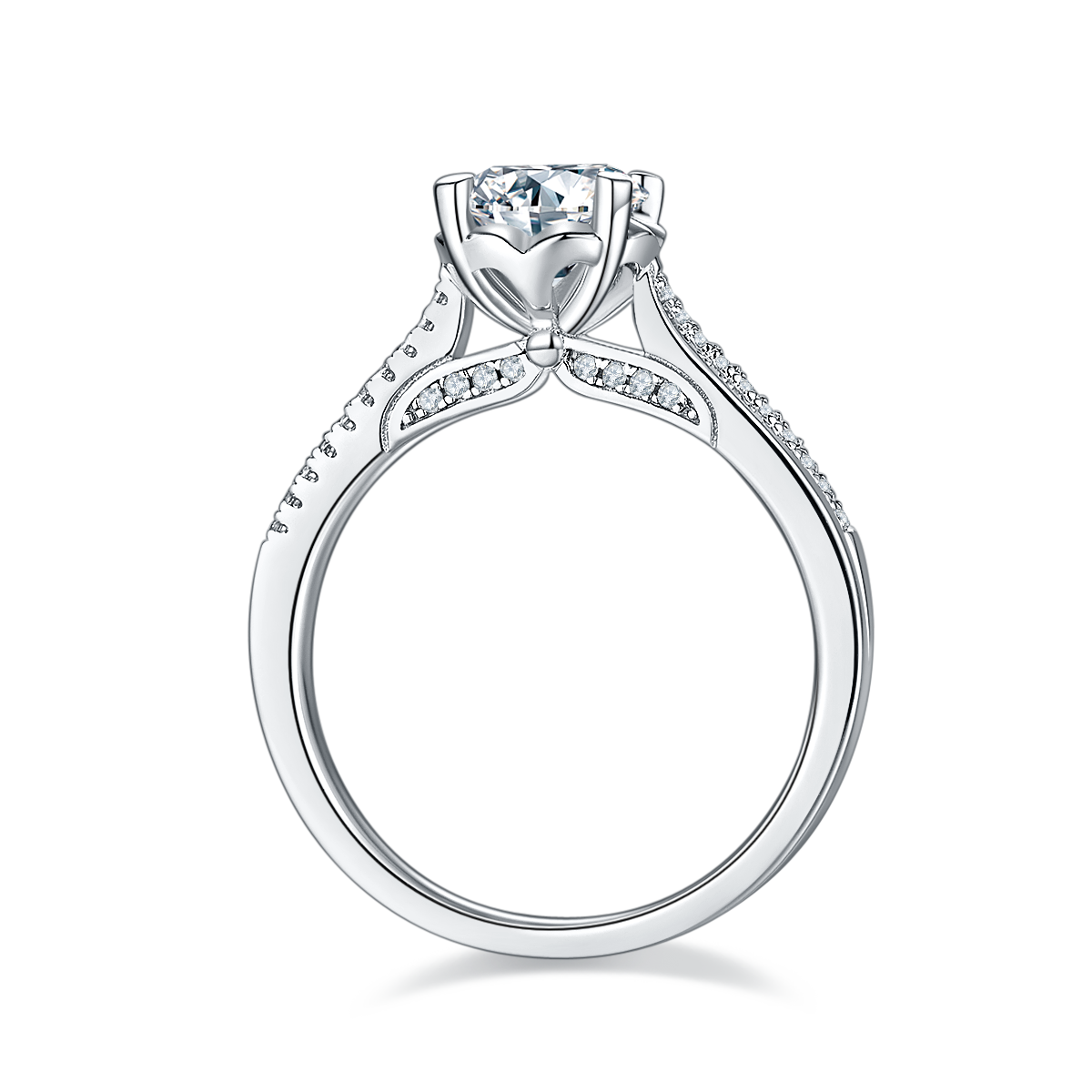 CARISSIE round moissanite solitaire ring, side profile revealing the inner gallery structure and under-gallery accent stones