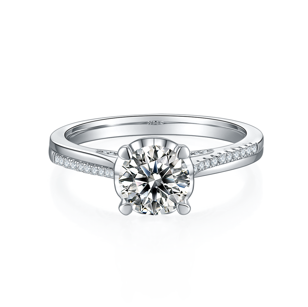 CARISSIE round moissanite solitaire ring, front view highlighting the four-prong setting and sparkling center gemstone