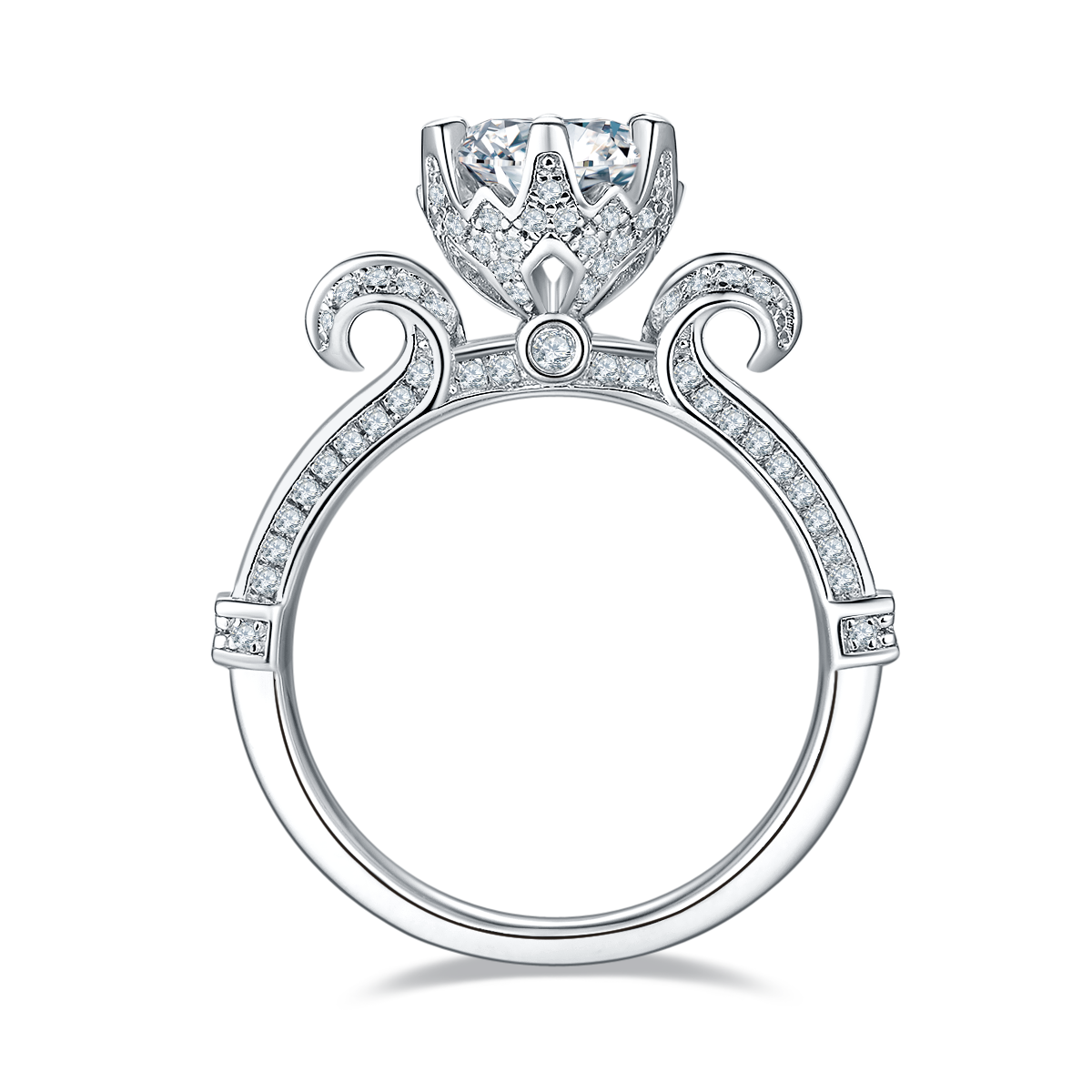 CARISSIE round moissanite solitaire ring, bottom view revealing the inner band structure and detailed pavé work