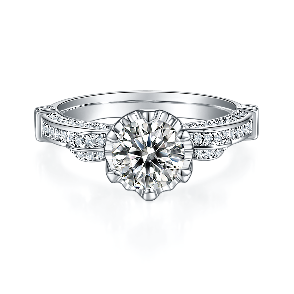 CARISSIE round moissanite solitaire ring, front profile highlighting the brilliant center stone and ribbon-style shoulders