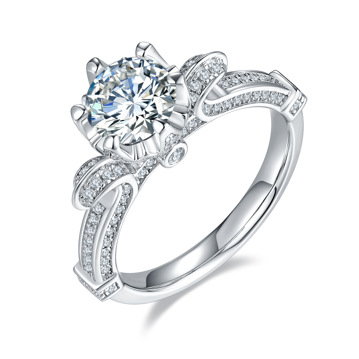 CARISSIE round moissanite solitaire ring, angled view showing split shank band with pavé accents and prong setting