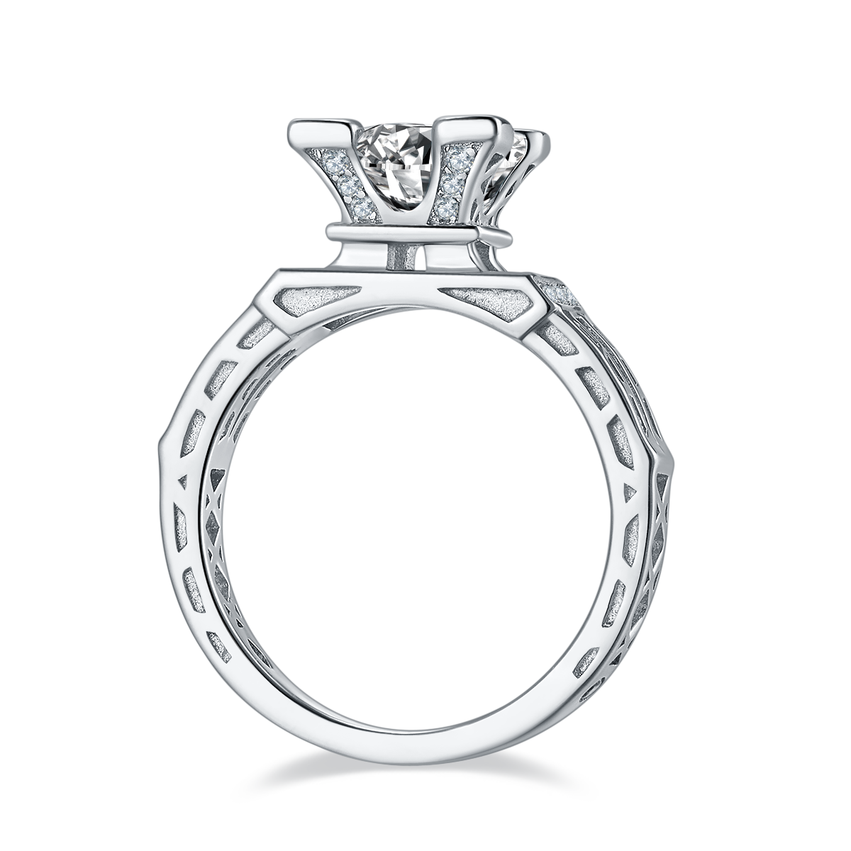 CARISSIE round moissanite solitaire ring, side profile revealing open-work geometric shank design and textured metal details