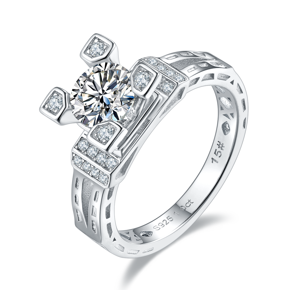 CARISSIE round moissanite solitaire ring, angled view showing lattice band with frosted inserts and square prong settings