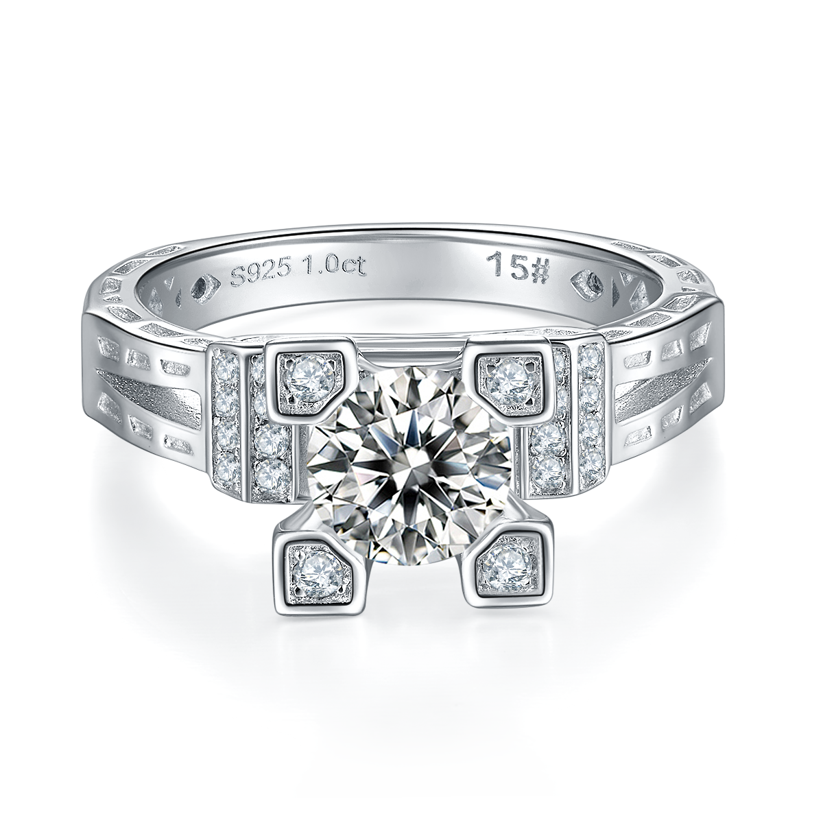 CARISSIE round moissanite solitaire ring, front view highlighting the central stone flanked by pavé diamond accents on silver band